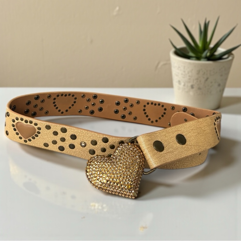 Bridget Schuster Gold Heart Rhinestone Leather Belt Size 36 Adjustable Like New